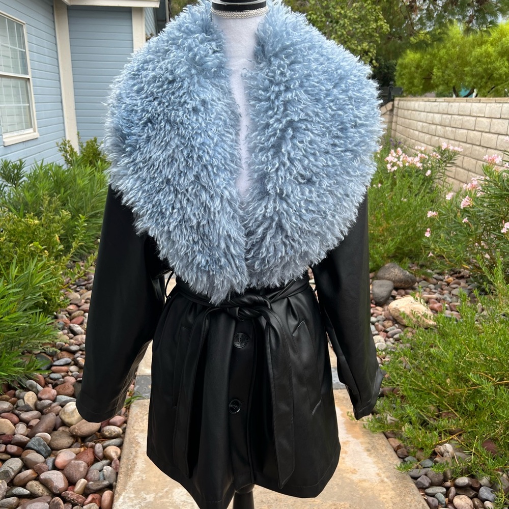 Jakke Black Faux Leather Jacket with Blue Faux Fur Collar M Free People